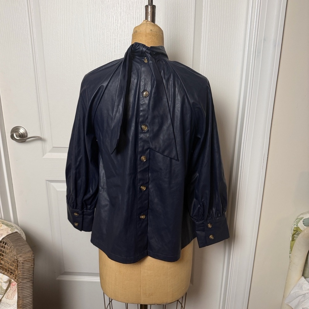 Rachel Comey Maritime Blue
Navy Long Sleeve Faux Leather
Button & Tie Back Top - Picture 5 of 10